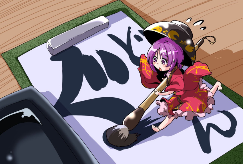 1girl barefoot bowl bowl_hat calligraphy calligraphy_brush commentary_request crescent flying_sweatdrops frilled_kimono frills from_above hat inkwell japanese_clothes kimono minigirl notepad open_mouth paintbrush purple_hair red_kimono shinapuu short_hair solo sukuna_shinmyoumaru sweat touhou violet_eyes wide_sleeves writing