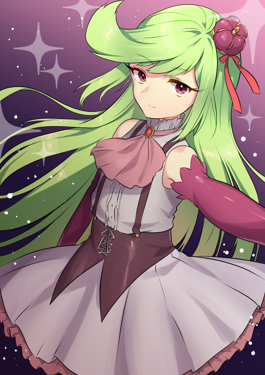 1girl bare_shoulders buttons closed_mouth crown detached_sleeves dress eyebrows eyebrows_visible_through_hair eyelashes flat_chest floating_hair frilled_dress frills green_hair grey_dress highres light_particles long_hair long_sleeves looking_at_viewer mini_crown mizuki_eiru_(akagi_kurage) outstretched_arm personification pink_eyes pokemon pokemon_(game) pokemon_sm purple_background solo sparkle suspenders tsareena very_long_hair