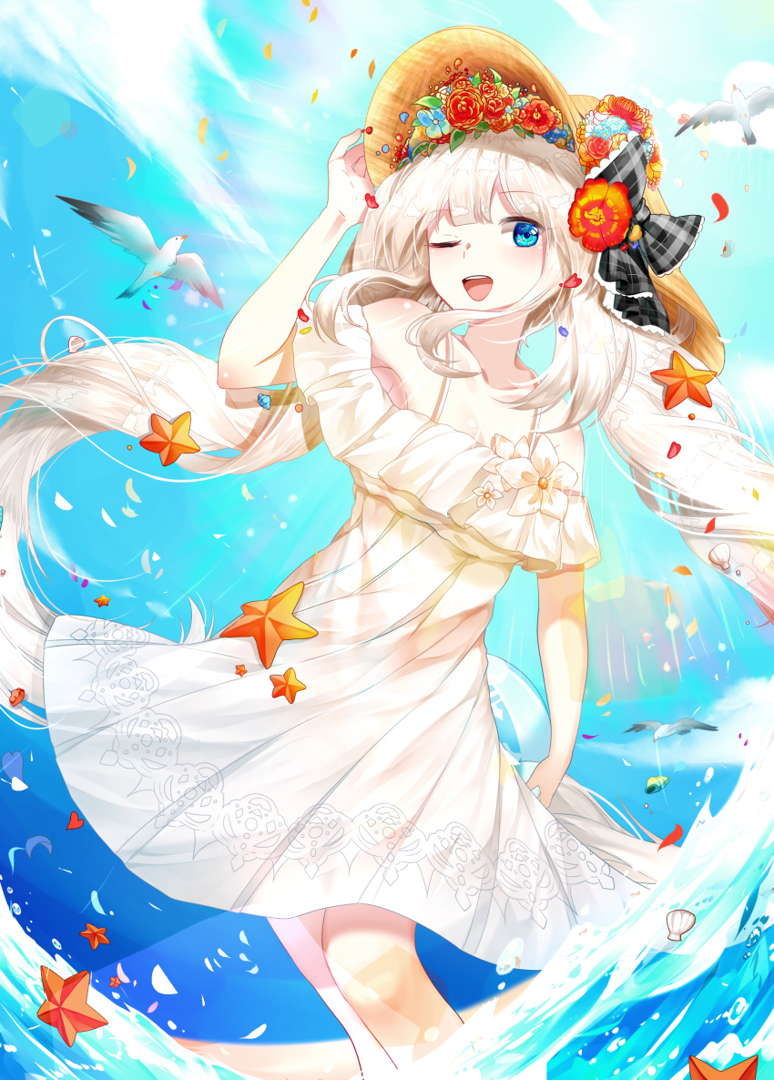 1girl :d absurdres ball bare_shoulders beach beachball bird blue_eyes blue_sky clam_shell clear_sky collarbone conch day dress eagle fate/grand_order fate_(series) flower hair_flower hair_ornament hair_ribbon hat highres lepoule_(kmjh90) long_hair marie_antoinette_(fate/grand_order) one_eye_closed open_mouth partially_submerged petals ribbon rose scallop seashell shell silver_hair sky sleeveless smile solo starfish twintails very_long_hair water white_dress