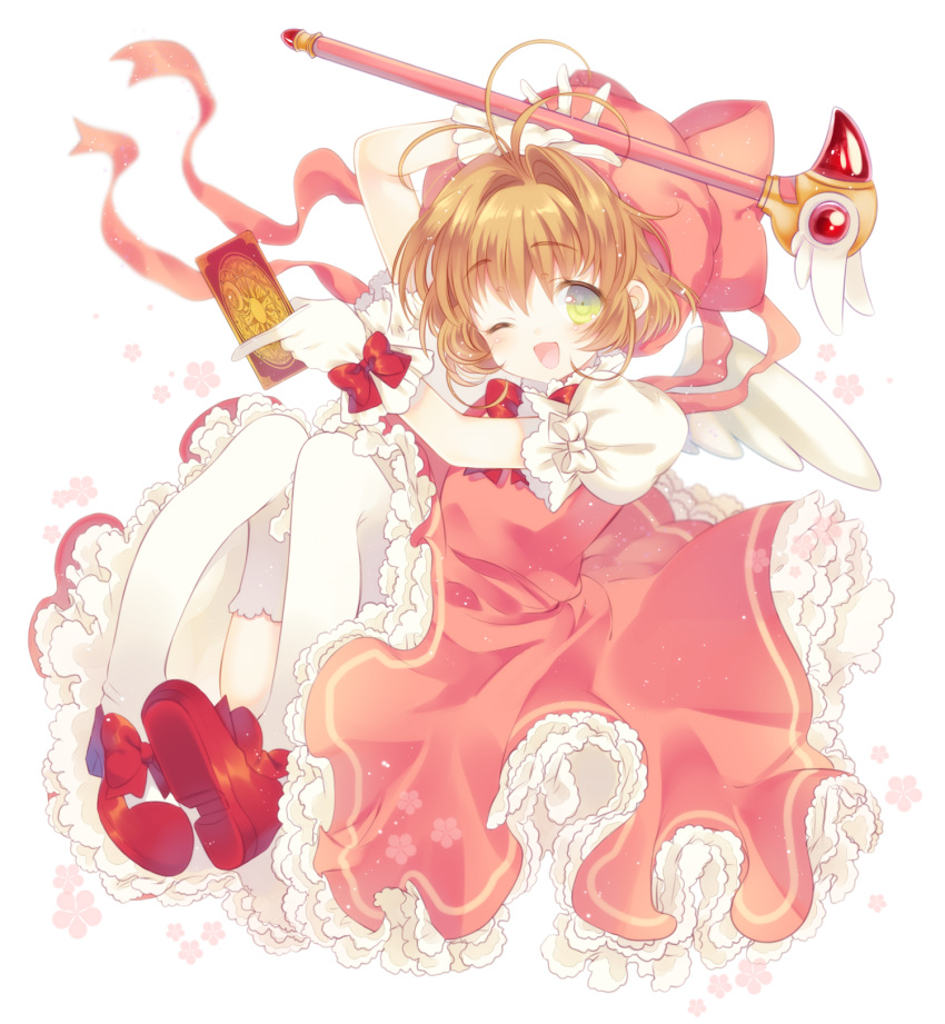 1girl arm_up bow brown_hair card card_captor_sakura dress eyebrows eyebrows_visible_through_hair gloves green_eyes highres holding kinomoto_sakura liechi looking_at_viewer one_eye_closed open_mouth pink_dress red_bow short_hair simple_background solo thigh-highs white_background white_gloves white_legwear