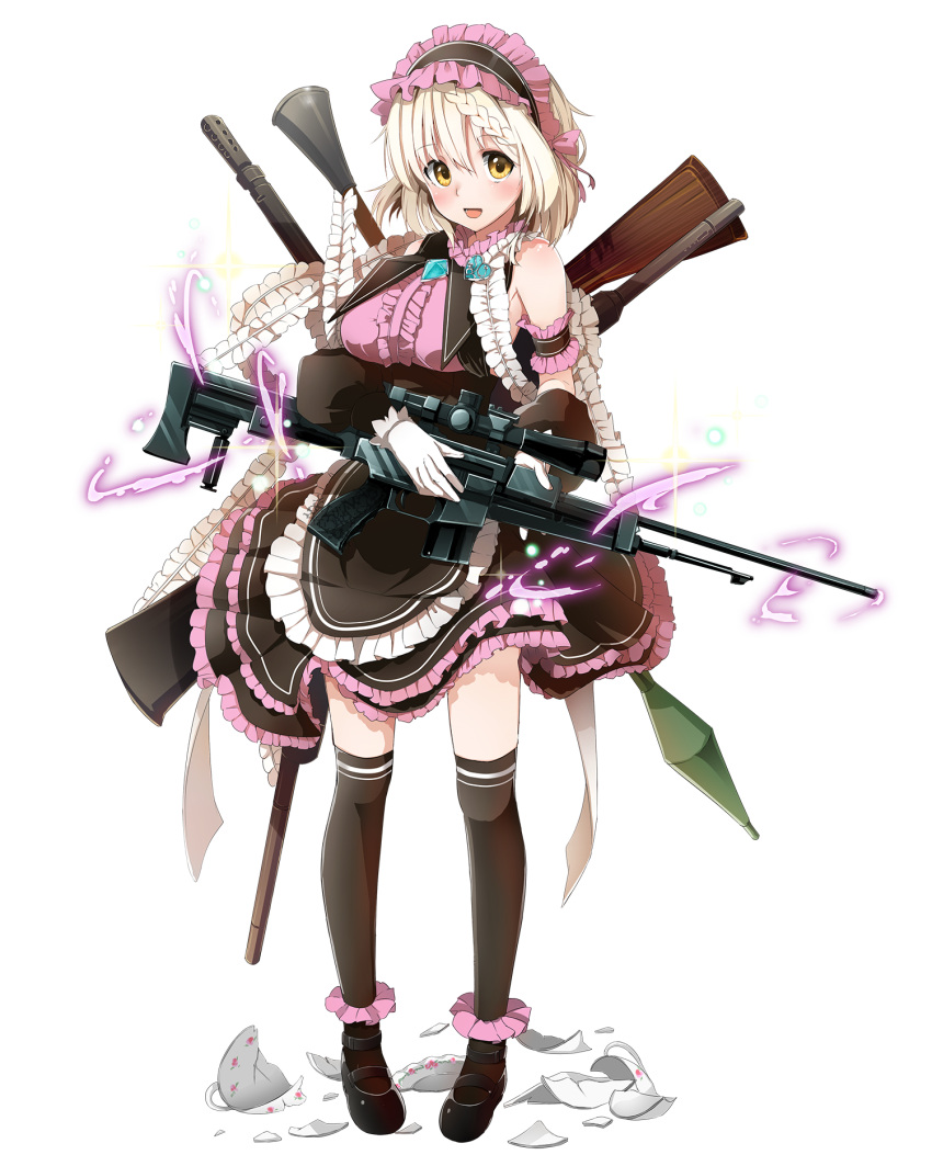 1girl arm_garter artist_request beatrice_(royal_flash_heroes) black_legwear blonde_hair book braid broken_cup center_frills dress french_braid frills full_body gun headdress highres holding holding_book mary_janes open_mouth rocket_launcher royal_flash_heroes shoes short_hair skirt smile solo thigh-highs too_many transparent_background weapon yellow_eyes