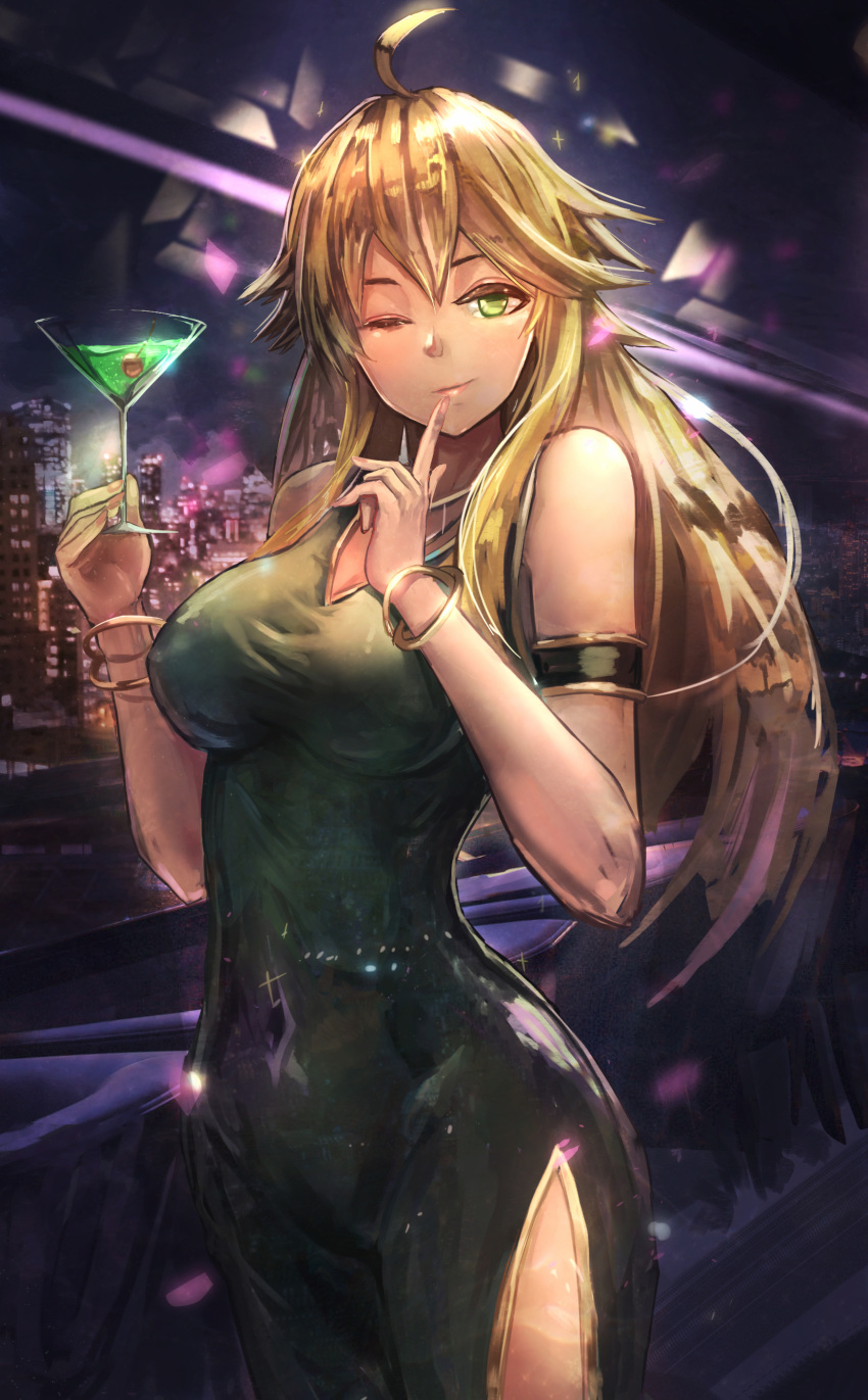 1girl ;) absurdres ahoge armband bangle bangs black_dress blonde_hair bracelet breasts building cherry city closed_mouth cocktail cocktail_glass covered_navel cowboy_shot cup dress drink drinking_glass evening_gown finger_to_mouth fingernails food formal fruit glass green_dress green_eyes highres holding hoshii_miki idolmaster jewelry large_breasts lipstick long_hair looking_at_viewer makeup mascara nail_polish night one_eye_closed pink_nails plaster_(2501) shushing side_slit skyscraper sleeveless sleeveless_dress smile smirk solo taut_clothes taut_dress v-neck wine_glass