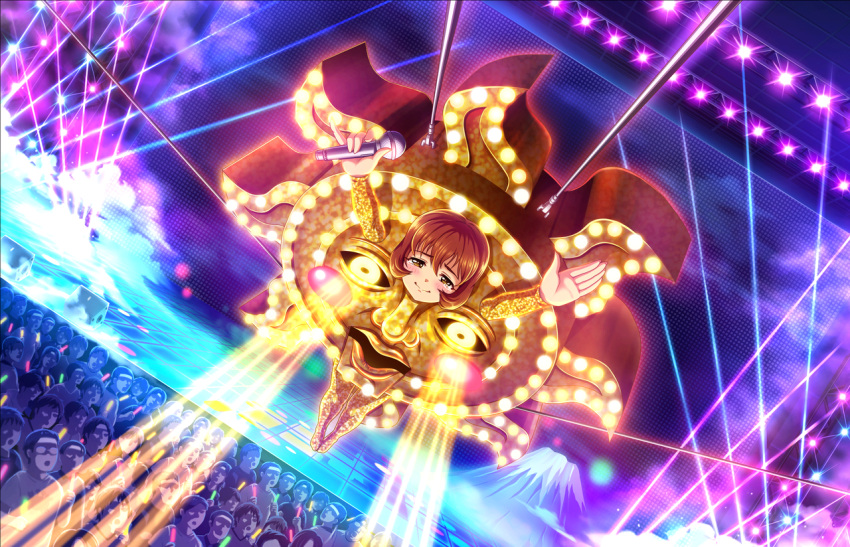 1girl artist_request audience bangs brown_eyes concert costume faceless faceless_male idolmaster idolmaster_cinderella_girls idolmaster_cinderella_girls_starlight_stage microphone official_art redhead short_hair smile solo_focus stage sun_costume tearing_up tears ueda_suzuho
