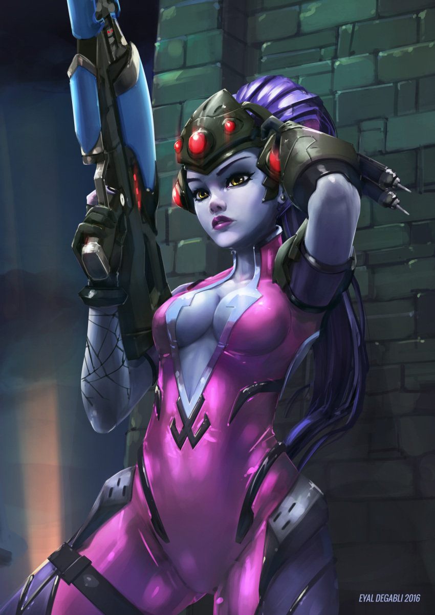 1girl 2016 against_wall arm_tattoo artist_name bodysuit breasts brick_wall center_opening cowboy_shot dated eyal_degabli finger_on_trigger gloves gun head_mounted_display highres holding holding_gun holding_weapon lips lipstick long_hair looking_at_viewer makeup outdoors overwatch parted_lips pink_bodysuit ponytail purple_hair purple_lipstick purple_skin rifle signature solo tattoo very_long_hair visor weapon widowmaker_(overwatch) yellow_eyes