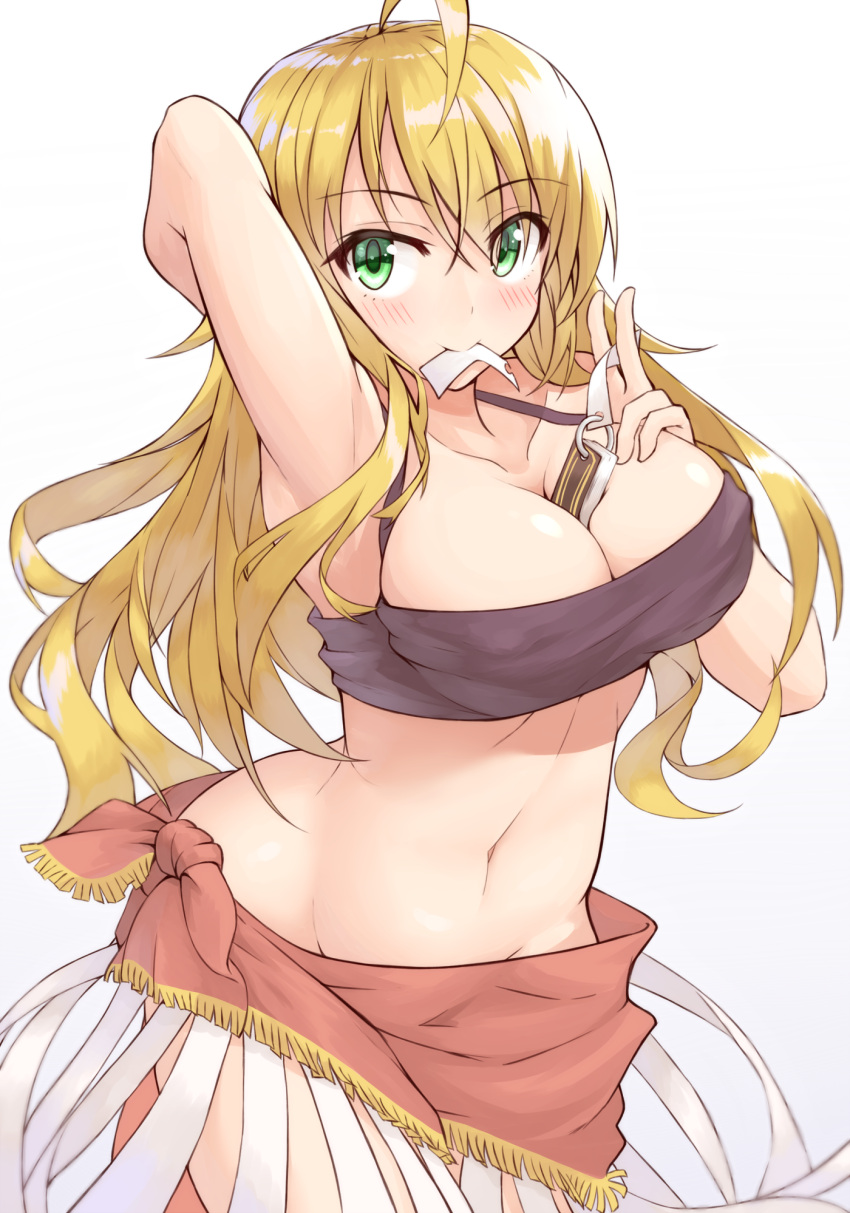 1girl ahoge arm_behind_head arm_up armpits between_breasts blonde_hair blush breasts cleavage collarbone cosplay cowboy_shot curvy erect_nipples green_eyes groin halterneck highres hoshii_miki idolmaster large_breasts long_hair looking_at_viewer midriff mouth_hold navel oriana_thomason oriana_thomason_(cosplay) sarong shunichi sidelocks smile solo stomach strapless tubetop wide_hips