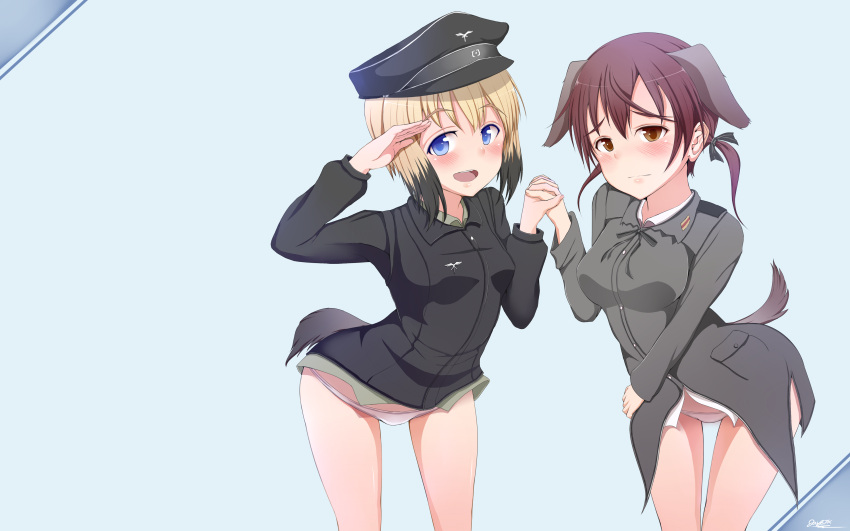 2girls absurdres black_hair blue_eyes blush brown_eyes brown_hair commentary erica_hartmann gertrud_barkhorn hand_holding hat heart highres jay87k multicolored_hair multiple_girls panties salute strike_witches two-tone_hair underwear world_witches_series