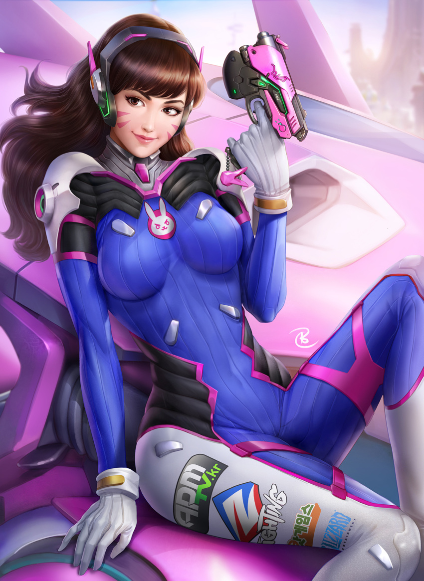 1girl arm_support artist_name bangs blizzard_(company) blue_sky bodysuit breasts brown_eyes brown_hair bunny_print charm_(object) cityscape clothes_writing d.va_(overwatch) facepaint facial_mark finger_on_trigger gun handgun headphones highres john_law_bc long_hair looking_at_viewer medium_breasts meka_(overwatch) nose outdoors overwatch pilot_suit pistol realistic ribbed_bodysuit shoulder_pads signature sitting skin_tight sky smile solo swept_bangs weapon whisker_markings