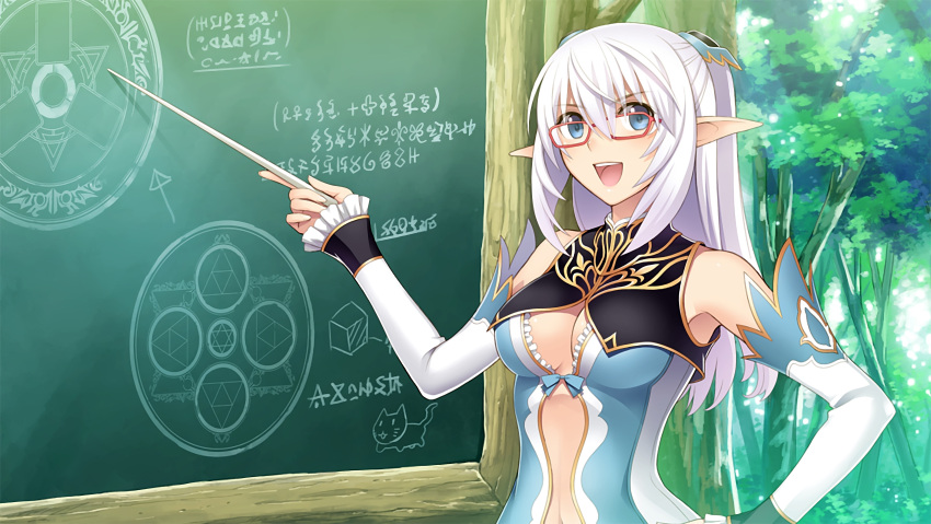 1girl :d absurdres altina_(shining_blade) aqua_bow armpits bare_shoulders bespectacled blade_arcus_from_shining blue_eyes body_offscreen bow breasts chalkboard circle cleavage cleavage_cutout day detached_sleeves directional_arrow drawing ears elf eyebrows eyebrows_visible_through_hair eyes fingernails fingers forest frilled_sleeves frills fringe game_cg glasses hair_between_eyes hair_ornament half_updo hand_on_hip hands happy hexagram highres holding leaf long_hair looking_to_the_side nature navel navel_cutout open_eyes open_mouth out_of_frame outdoors pointer pointy_ears red-framed_eyewear shining_(series) shining_blade silver_hair small_breasts smile solo star star_of_david stomach tanaka_takayuki teacher teaching teeth text tongue tree triangle upper_body