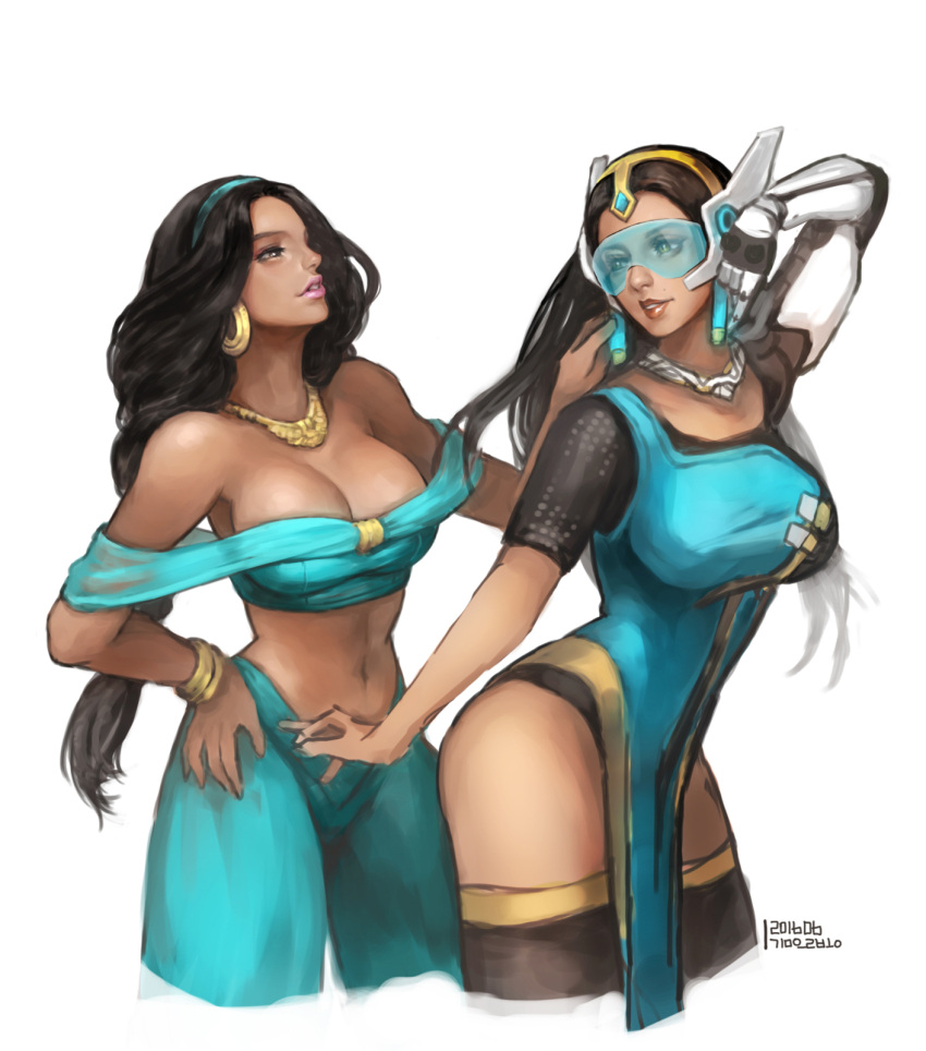 2016 2girls aladdin_(disney) arm_behind_head bare_shoulders black_hair black_legwear blue_dress bracelet braid breasts brown_eyes cleavage color_connection crossover cyborg dark_skin dated dress earrings forehead_jewel harem_outfit harem_pants headgear highres jasmine_(disney) jewelry kim_eul_bong large_breasts leaning_forward light_smile lips long_hair looking_at_viewer mechanical_arm midriff multiple_girls navel necklace nose overwatch pants parted_lips pelvic_curtain see-through simple_background symmetra_(overwatch) thigh-highs visor white_background