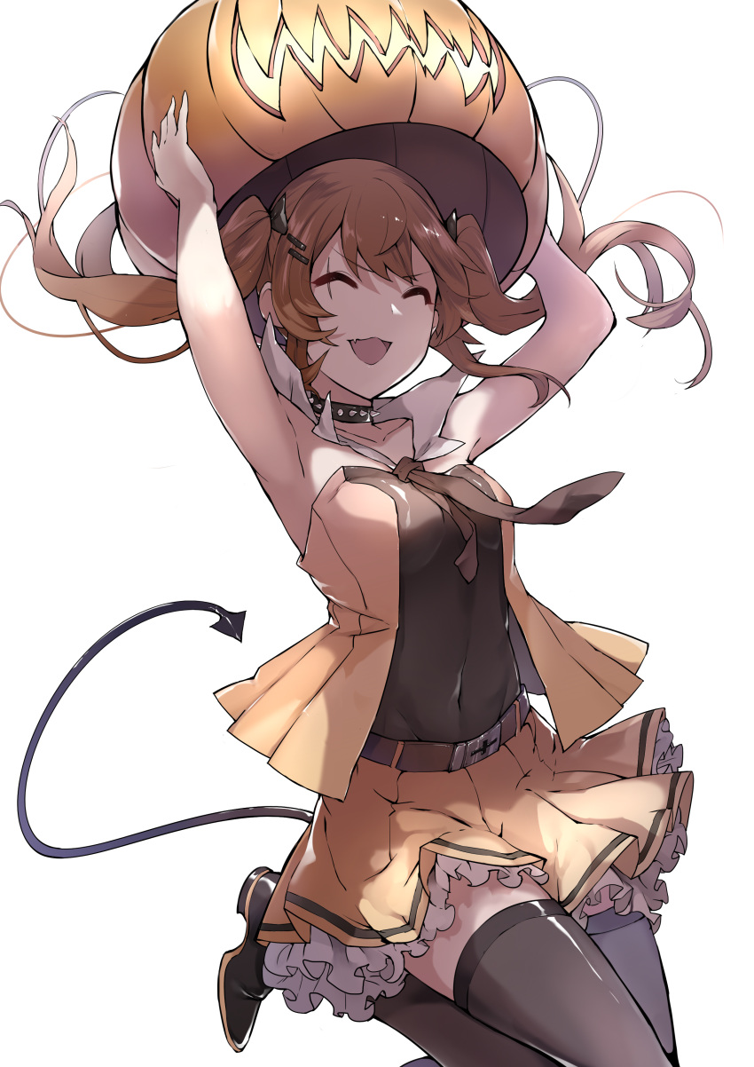 1girl :d ^_^ absurdres alternate_costume armpits arms_up black_legwear brown_hair closed_eyes collar demon_tail fang girls_frontline highres inxst jack-o'-lantern open_mouth pumpkin smile spiked_collar spikes tail thigh-highs ump9_(girls_frontline)