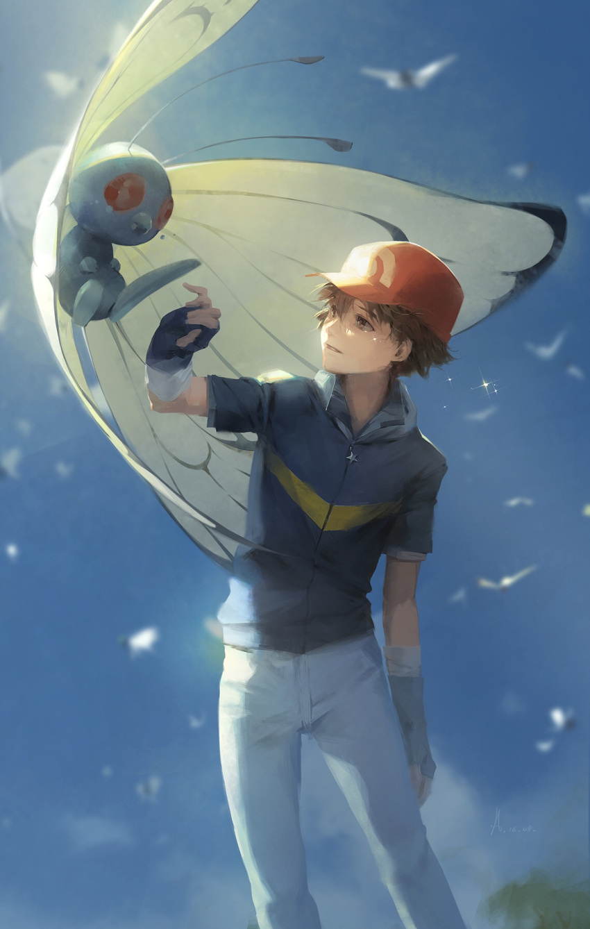 1boy a-shacho black_gloves blue_sky blurry_background brown_eyes brown_hair butterfree crying dated eye_contact fingerless_gloves gloves hat highres jacket looking_at_another male_focus outdoors pants pokemon pokemon_(anime) pokemon_(creature) red_hat satoshi_(pokemon) sky standing tears