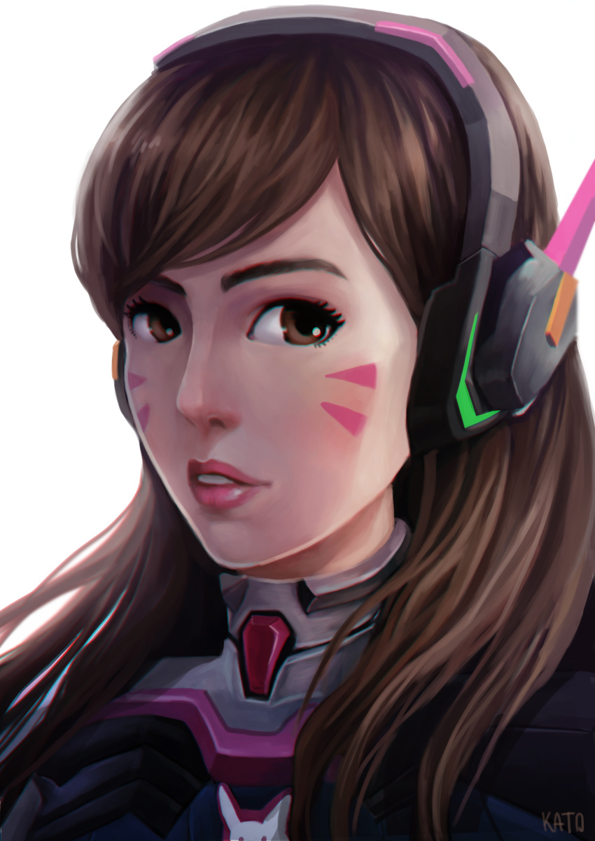 1girl artist_name bangs bodysuit brown_eyes brown_hair chromatic_aberration d.va_(overwatch) eyebrows eyelashes facial_mark headphones highres light_smile lips long_hair looking_at_viewer overwatch parted_lips pilot_suit portrait raypier signature simple_background solo swept_bangs whisker_markings white_background