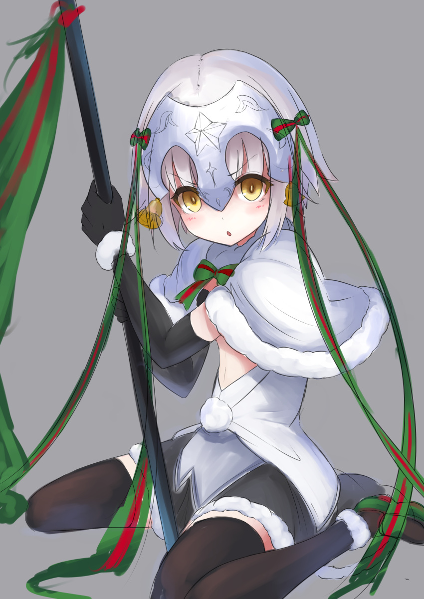 1girl absurdres artist_request bell black_gloves black_legwear capelet character_request chestnut_mouth copyright_request elbow_gloves fate/grand_order fate_(series) fur_trim furrowed_eyebrows gloves grey_background hair_bell hair_ornament hair_ribbon highres jeanne_alter jeanne_alter_(santa_lily)_(fate) looking_at_viewer ribbon ruler_(fate/apocrypha) short_hair simple_background sitting sketch solo source_request tagme thigh-highs wariza white_hair yellow_eyes younger