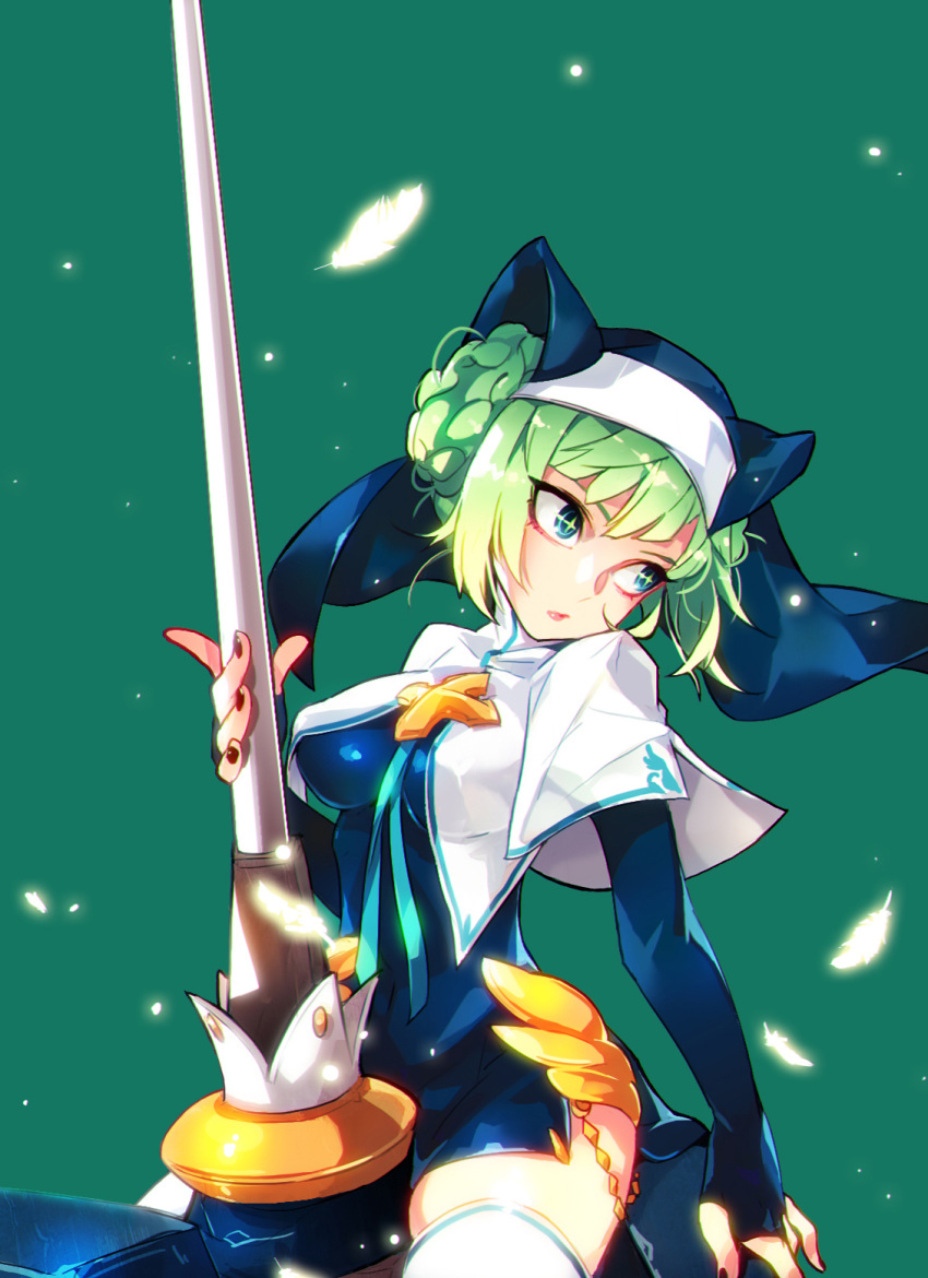 +_+ 1girl alicecrazy animal_ears armor blue_ribbon braid capelet cat_ears dress falling_feathers fingerless_gloves gloves glowing_feather grand_chase green_background green_hair habit highres lance lime_(grand_chase) looking_back nail_polish polearm ribbon sexually_suggestive short_dress simple_background solo straddling thigh-highs thighs tsurime weapon zettai_ryouiki