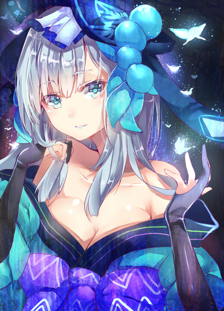 1girl black_gloves blue_eyes blue_lipstick breasts butterfly cleavage collarbone elbow_gloves fingerless_gloves gloves hand_in_hair highres japanese_clothes kimono lipstick long_hair looking_at_viewer makeup medium_breasts off_shoulder original sash silver_hair smile solo takitou upper_body yukata