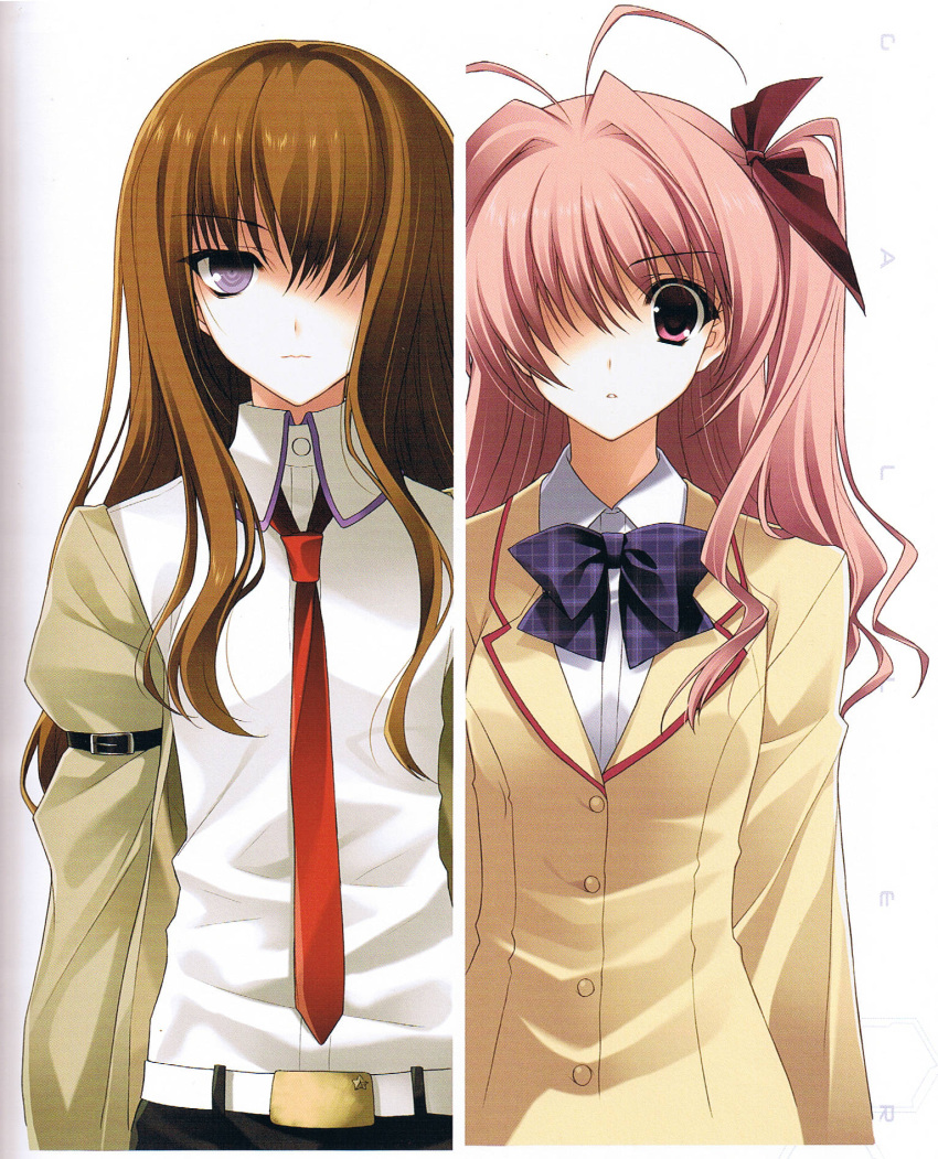 2girls :i ahoge armband beige_jacket beige_shirt belt bow bowtie brown_hair chaos;head checkered_bowtie company_connection expressionless eyebrows eyebrows_visible_through_hair hair_bow hair_intakes hair_over_breasts highres jacket long_hair looking_at_viewer makise_kurisu multiple_girls necktie official_art one_eye_covered open_clothes open_jacket parted_lips phantom_breaker pink_eyes pink_hair purple_bow purple_bowtie red_bow red_necktie sakihata_rimi scan scan_artifacts school_uniform shirt sidelocks star star_print steins;gate suzuhira_hiro upper_body violet_eyes white_background white_shirt