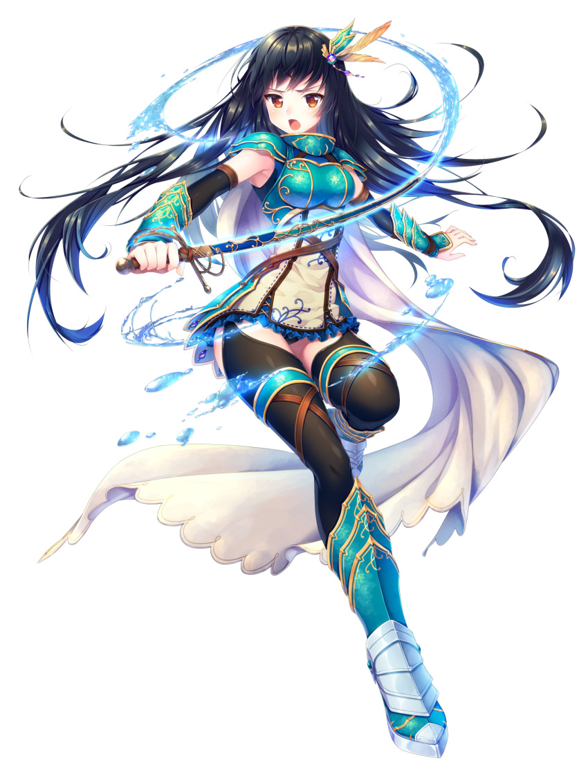 1girl :o armor armored_boots bangs black_hair black_legwear blush boots breastplate breasts cape commentary_request cross-laced_clothes dress feathers floating_hair frilled_dress frills full_body gem gorget hair_feathers highres holding holding_weapon leg_up long_hair looking_at_viewer medium_breasts microdress momore_(peaches) official_art open_mouth original pauldrons red_eyes simple_background solo thigh-highs thigh_strap vambraces very_long_hair water weapon white_background white_cape