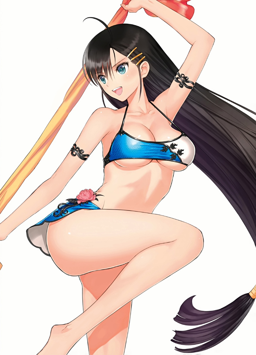 1girl :d ass bikini black_hair blade_arcus_from_shining blue_eyes breasts cleavage hair_ornament hairclip highres long_hair open_mouth pairon shining_(series) simple_background smile swimsuit swimwear tanaka_takayuki teeth under_boob very_long_hair white_background