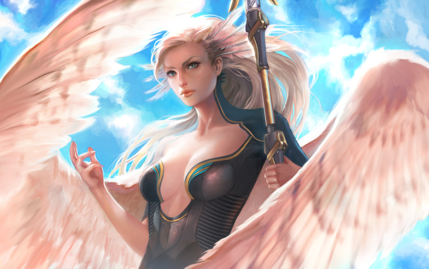 1girl absurdres adapted_costume alternate_costume alternate_hairstyle alternate_wings angel_wings blue_eyes blue_sky bodysuit breasts collarbone day expressionless feather_hair feathered_wings hair_ornament highres holding holding_staff katie_alexander lips long_hair medium_breasts mercy_(overwatch) outdoors overwatch realistic short_sleeves sky solo staff upper_body wings