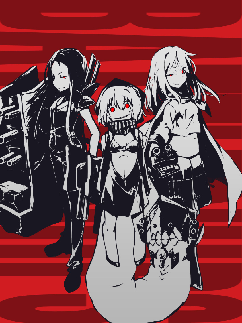 3girls absurdres bikini_bottom boots commentary_request female full_body height_difference highres hime_takeo hood hoodie kantai_collection long_hair looking_at_viewer monochrome multiple_girls navel o-ring_top re-class_battleship red_eyes ru-class_battleship sailor_collar scarf sharp_teeth shinkaisei-kan short_eyebrows short_hair spot_color ta-class_battleship tail teeth thigh-highs thigh_boots