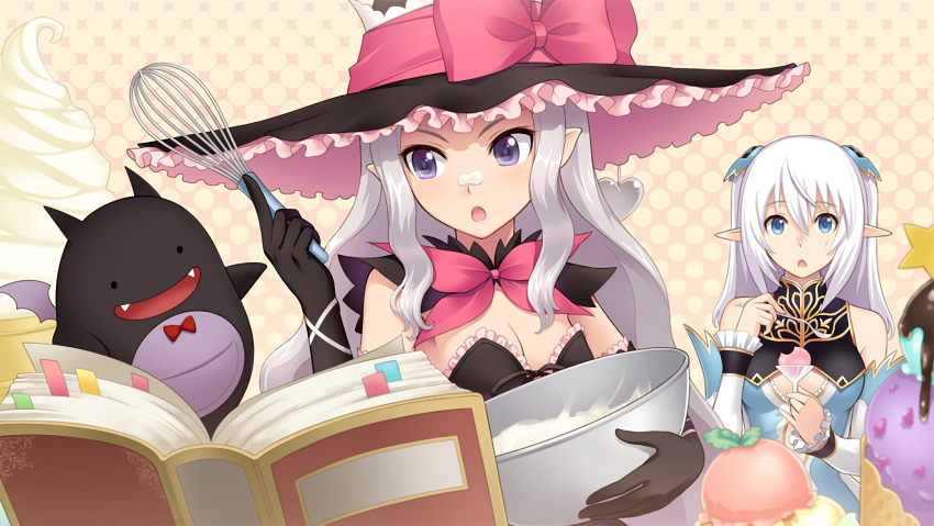 2girls :o absurdres altina_(shining_blade) baking bare_shoulders bat_wings black_clothes black_skin blade_arcus_from_shining blank_eyes blue_clothes blue_eyes blurry book bookmark bow bowl bowtie breasts chocolate cleavage cookbook cooking cream cream_on_face cup depth_of_field detached_sleeves dress drinking_glass ears eating elbow_gloves elf eyebrows eyebrows_visible_through_hair fangs food food_on_face frilled_dress frilled_hat frills fringe game_cg gloves grey_hair hair_between_eyes hat heart highres holding ice_cream ice_cream_cone long_hair melty_(shining_hearts) multiple_girls open_mouth patterned_background pet pink_bow pink_bowtie pointy_ears reading shining_(series) shining_blade shining_hearts small_breasts smile sorbe_(shining_hearts) spoon star surprised sweatdrop tanaka_takayuki upper_body violet_eyes whipped_cream whisk white_hair wine_glass wings witch_hat