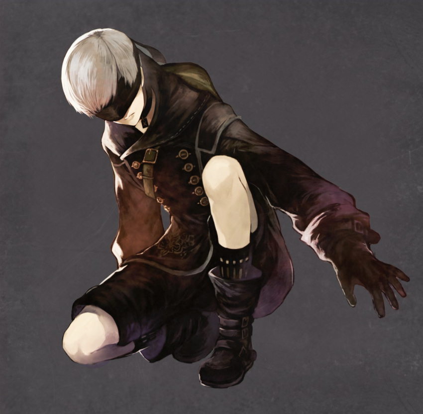 1boy belt_buckle black_clothes blindfold boots buckle buttons coat covered_eyes gloves hair_over_eyes highres kneeling nier_automata pale_skin short_hair shorts simple_background solo strap white_hair yamano_(umashio) yorha_no.9_type_s
