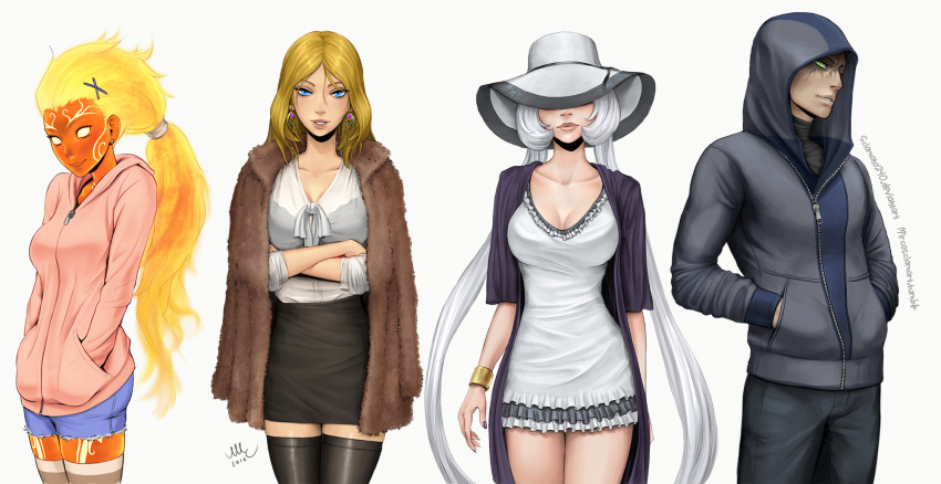 1boy 2016 3girls alternate_costume aphrodite_(smite) black_legwear black_nails black_skirt blonde_hair blue_eyes bracelet breasts casual cleavage collarbone cowboy_shot crossed_arms cutoffs dress earrings fiery_hair fire frilled_dress frills green_eyes hair_ornament hands_in_pockets hat hat_over_eyes highres hood hoodie jacket jacket_on_shoulders jewelry lips loki_(smite) long_hair looking_at_viewer low_ponytail mirco_cabbia multiple_girls nail_polish nox_(smite) orange_hair parted_lips pencil_skirt red_skin shirt sidelocks skirt sleeves_rolled_up smile smite sol_(smite) tattoo taut_clothes taut_dress thigh-highs turtleneck twintails very_long_hair white_dress white_hair white_shirt x_hair_ornament yellow_eyes zettai_ryouiki zipper