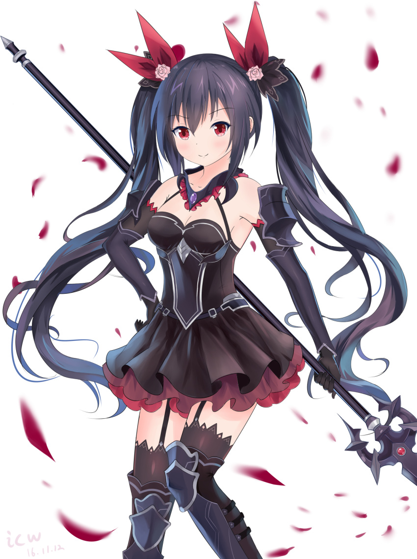 1girl aisuuwan bare_shoulders black_hair blush breasts cleavage four_goddesses_online:_cyber_dimension_neptune hair_ornament highres long_hair looking_at_viewer neptune_(series) noire polearm red_eyes ribbon smile solo spear twintails very_long_hair weapon