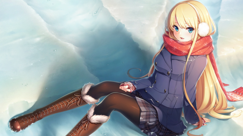 1girl :d aqua_eyes arm_support bethly_rose_daisley blonde_hair blush boots coat earmuffs fur-trimmed_boots game_cg gin'iro_haruka knee_boots koizumi_amane long_hair open_mouth pantyhose plaid plaid_skirt pleated_skirt scarf sitting skirt smile snow solo very_long_hair winter_clothes