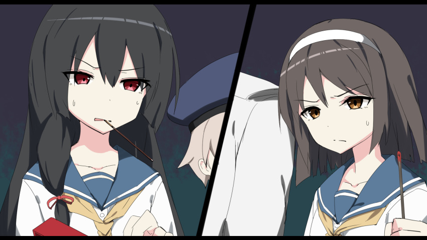 3girls admiral_(kantai_collection) black_hair brown_hair food frown hair_between_eyes hair_over_shoulder hair_ribbon hairband heavens_thunder_(byakuya-part2) height_difference highres isokaze_(kantai_collection) kantai_collection light_brown_eyes long_hair looking_at_another mouth_hold multiple_girls outside_border pocky portrait red_eyes red_ribbon ribbon sailor_collar school_uniform short_hair sidelocks tanikaze_(kantai_collection) z1_leberecht_maass_(kantai_collection)