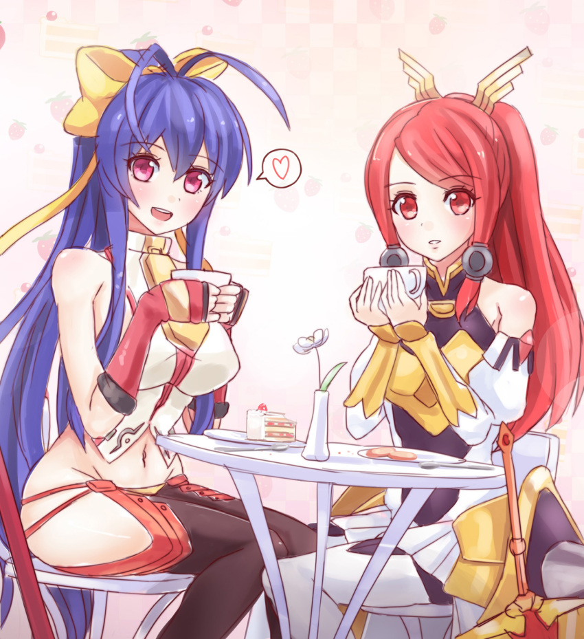 2girls :d antenna_hair armor armored_dress backless_outfit bangs bare_shoulders black_legwear black_pants blazblue blazblue:_central_fiction blue_hair blush boots bow breasts cafe cake chair checkered checkered_background cup detached_sleeves fingerless_gloves flower food fruit fruit_background genderswap genderswap_(mtf) gloves hair_between_eyes hair_bow hair_tubes halter_top halterneck heart highres holding holding_cup izayoi_(blazblue) large_breasts long_hair looking_at_viewer lowleg lowleg_pants mai_natsume midriff miniskirt multiple_girls navel no_bra no_panties open_mouth outseal pants pantyhose pastry plate polearm ponytail red_eyes red_gloves redhead revealing_clothes ribbon sideboob sidelocks sitting skirt smile solo spear speech_bubble spoken_heart spoon standing strawberry strawberry_shortcake sunimu sword table tea teacup thigh-highs thigh_boots thighs tsubaki_yayoi vase very_long_hair violet_eyes weapon white_boots white_legwear white_skirt yellow_bow