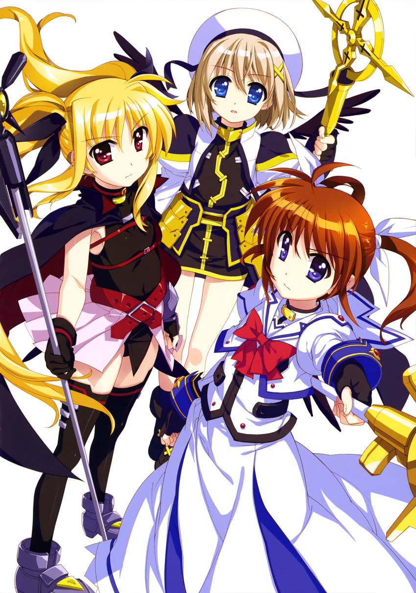 3girls absurdres bardiche belt blonde_hair blue_eyes brown_hair cape closed_mouth fate_testarossa fingerless_gloves fujima_takuya gloves hair_ornament hair_ribbon hairclip hat highres jacket juliet_sleeves long_hair long_skirt long_sleeves looking_at_viewer lyrical_nanoha magical_girl mahou_shoujo_lyrical_nanoha mahou_shoujo_lyrical_nanoha_a's multiple_girls official_art open_mouth outstretched_arm puffy_sleeves raising_heart red_eyes ribbon schwertkreuz skirt staff standing takamachi_nanoha thigh-highs twintails very_long_hair violet_eyes waist_cape x_hair_ornament yagami_hayate