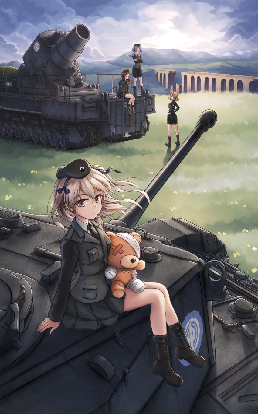 4girls absurdres azumi_(girls_und_panzer) bandage beret black_boots black_eyes black_hair black_hat black_jacket boko_(girls_und_panzer) boots bridge brown_eyes brown_hair cast centurion_(tank) closed_mouth clouds cloudy_sky combat_boots cross-laced_footwear dress_shirt emblem field girls_und_panzer glasses grass ground_vehicle hair_ribbon hairband hands_on_hips hat highres holding jacket karl_gerat landscape light_brown_hair light_smile long_hair looking_at_another looking_at_viewer megumi_(girls_und_panzer) military military_uniform military_vehicle miniskirt motor_vehicle mountain multiple_girls necktie outdoors pencil_skirt pleated_skirt redhead ribbon ruins rumi_(girls_und_panzer) selection_university_(emblem) shimada_arisu shirt side_ponytail silver_hair skirt sky stuffed_animal stuffed_toy tank teddy_bear tkfkid uniform