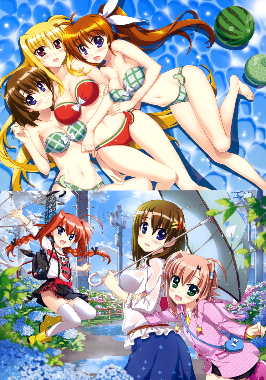5girls :d absurdres arm_up barefoot bikini black_ribbon black_skirt blonde_hair blue_eyes blue_flower blue_skirt bow breasts brown_hair cleavage collarbone eyebrows eyebrows_visible_through_hair fate_testarossa feet food from_above fruit fujima_takuya girl_sandwich green_bikini groin hair_ornament hair_ribbon hairclip hand_on_own_stomach high_ponytail highres holding holding_umbrella jumping large_breasts long_hair looking_at_viewer low-tied_long_hair lying lyrical_nanoha mahou_shoujo_lyrical_nanoha mahou_shoujo_lyrical_nanoha_a's mahou_shoujo_lyrical_nanoha_vivid miura_rinaldi multiple_girls navel official_art on_back open_mouth outdoors pink_hair pleated_skirt red_eyes redhead ribbon sandwiched shirt short_hair skirt smile star strapless strapless_bikini swimsuit takamachi_nanoha thigh-highs toes twintails umbrella very_long_hair vita watermelon wet wet_clothes wet_shirt white_bow white_legwear white_ribbon white_shirt yagami_hayate