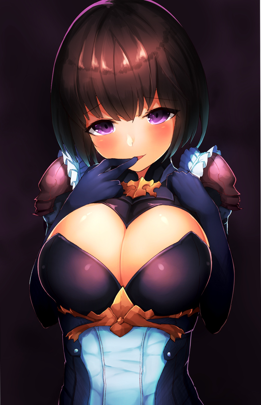 1girl absurdres bangs black_hair blush bob_cut boruhis breasts cleavage commentary_request elbow_gloves erika_(shadowverse) eyebrows eyebrows_visible_through_hair finger_to_mouth frills gloves hair_between_eyes highres large_breasts looking_at_viewer parted_lips shadowverse short_hair solo spaulders violet_eyes