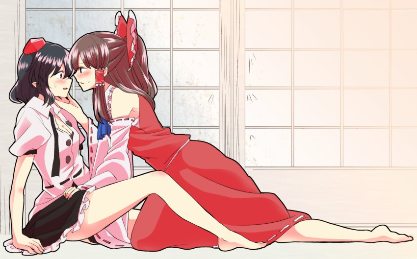 2girls :d ascot barefoot black_hair blush bow breasts brown_hair cleavage commentary_request d:&lt; detached_sleeves eye_contact hair_bow hair_tubes hakurei_reimu hand_on_another's_chin hand_on_another's_hip hat incipient_kiss long_hair long_sleeves looking_at_another mana_(gooney) medium_breasts multiple_girls open_mouth puffy_short_sleeves puffy_sleeves ribbon ribbon-trimmed_sleeves ribbon_trim sarashi shameimaru_aya shirt short_hair short_sleeves skirt skirt_set smile sweat sweatdrop tagme tokin_hat touhou wide-eyed wide_sleeves yuri