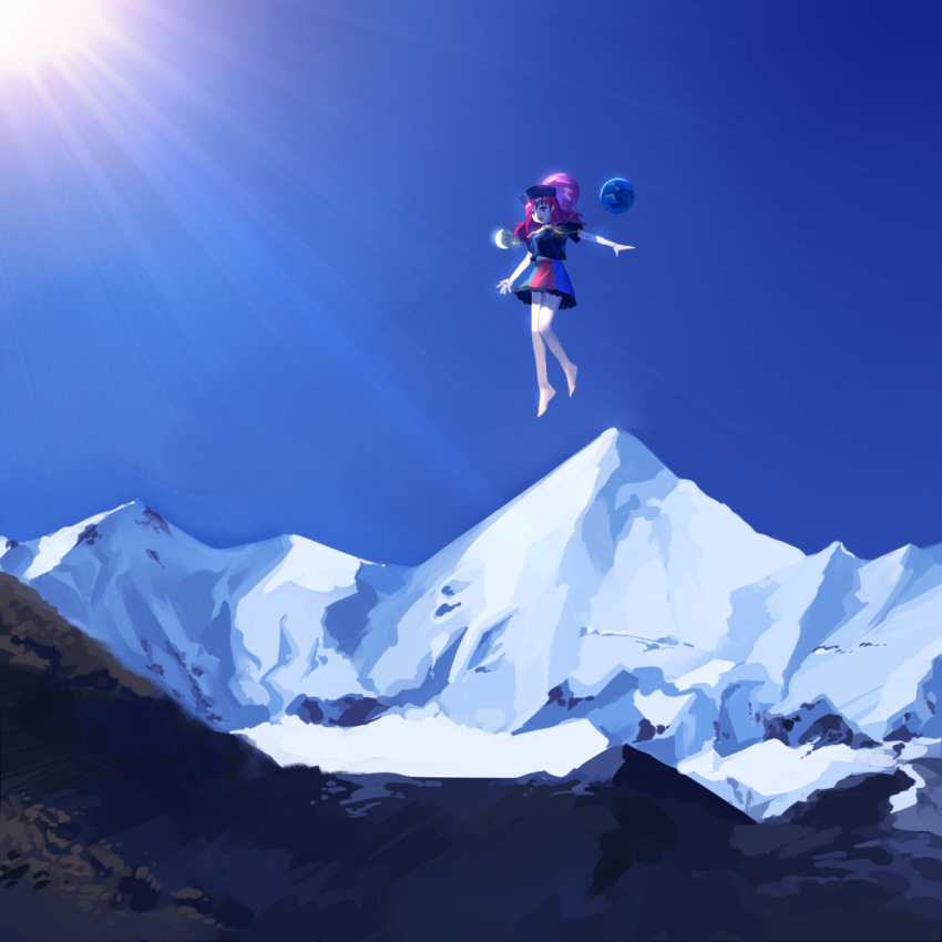 1girl barefoot black_hat black_shirt blue_sky day earth_(ornament) hat hecatia_lapislazuli light_rays moon_(ornament) mountain multicolored_skirt open_mouth polos_crown red_eyes redhead shirt short_sleeves sky smile snow solo sunlight touhou wei_li