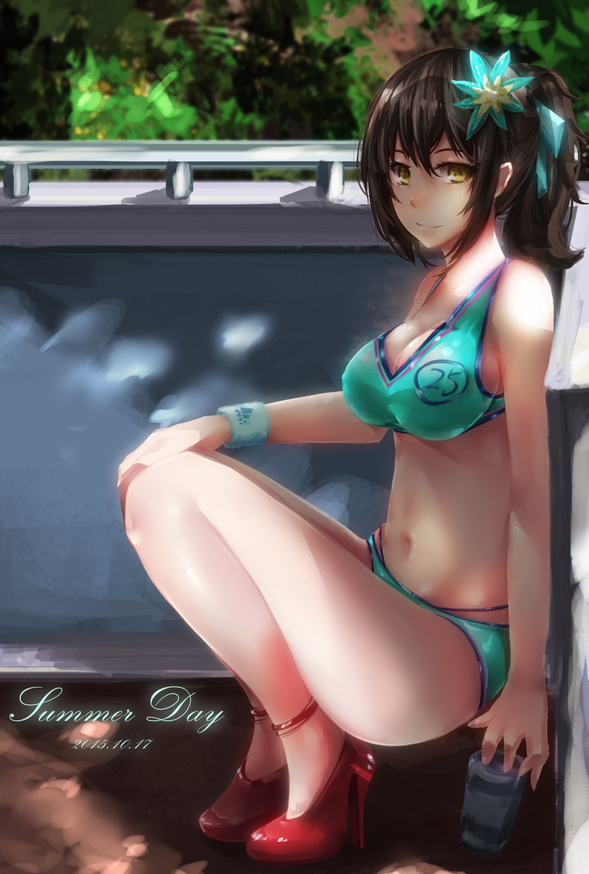 1girl absurdres breasts brown_hair ctrlz77 cup dappled_sunlight dated drinking_glass flower full_body hair_flower hair_ornament high_heels highres looking_at_viewer medium_breasts original ponytail red_shoes shoes solo sports_bra squatting sunlight swimsuit thighs yellow_eyes