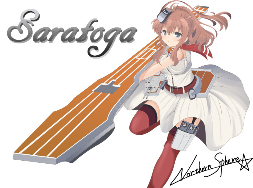 1girl artist_name auburn_hair bangs bare_arms belt blush breasts buttons character_name closed_mouth dress flight_deck full_body garter_straps grey_eyes hair_between_eyes highres holding kantai_collection large_breasts leg_up long_hair northern_sphere pocket ponytail red_legwear saratoga_(kantai_collection) sidelocks sleeveless sleeveless_dress smile solo star thigh-highs turret white_background white_dress zettai_ryouiki