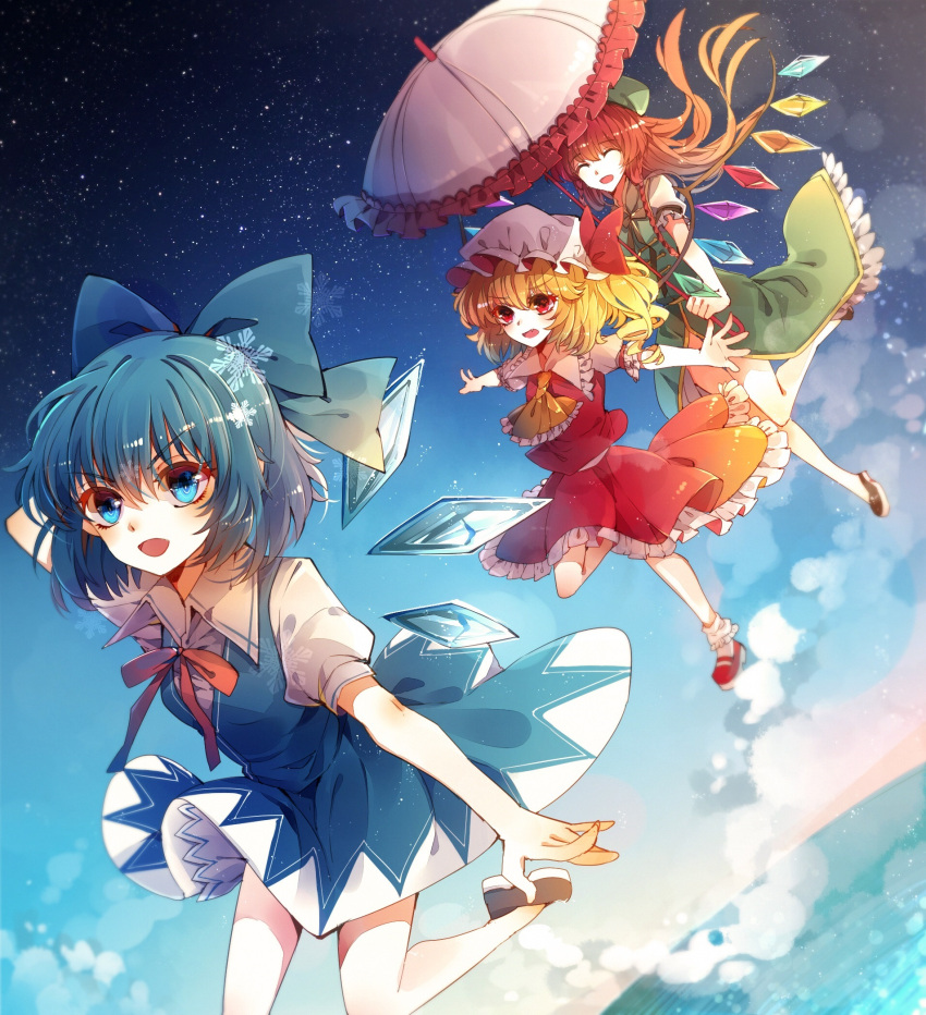3girls :d ^_^ arm_behind_head ascot baocaizi beret black_shoes blonde_hair blue_bow blue_dress blue_eyes blue_hair blue_sky bow bowtie cirno closed_eyes crystal day dress flandre_scarlet flying frilled_shirt_collar frilled_skirt frills green_hat green_skirt green_vest hair_between_eyes hair_bow hat hat_bow highres hong_meiling ice ice_wings long_hair looking_at_viewer mary_janes multiple_girls night ocean open_mouth orange_hair outstretched_arms parasol puffy_short_sleeves puffy_sleeves red_bow red_bowtie red_eyes red_shoes red_skirt red_vest running shirt shoes short_sleeves side_ponytail side_slit skirt sky smile snowflakes spread_arms star_(sky) starry_sky touhou umbrella vest white_hat white_shirt wing_collar wings yellow_bow yellow_bowtie