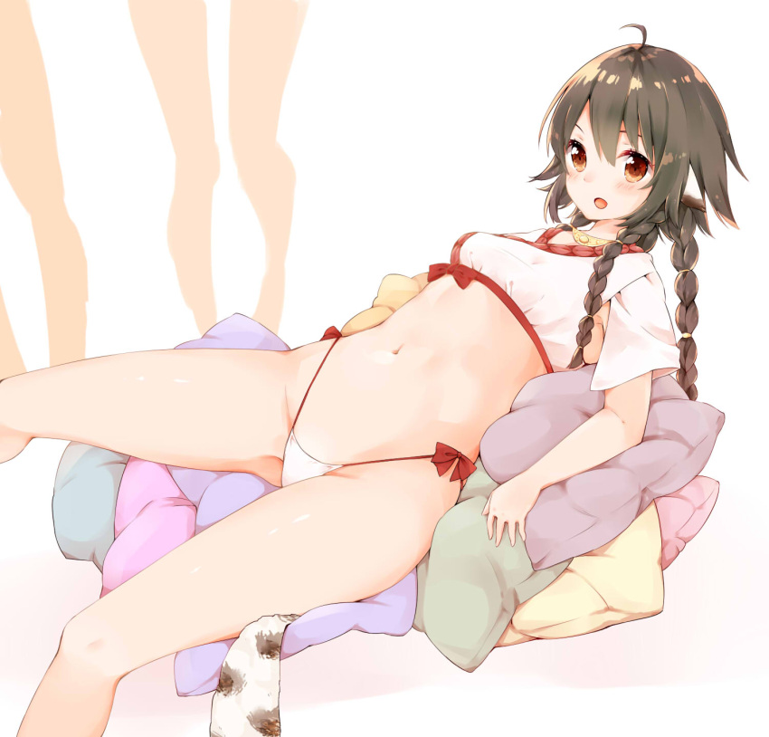 1girl :d ahoge animal_ears anju_(utawarerumono) ass azuki_(krps-hano) bad_hands bangs blush bow braid brown_eyes brown_hair commentary hair_between_eyes highleg highleg_panties highres hips japanese_clothes legs leopard_ears leopard_tail lying midriff multiple_braids navel on_back open_mouth out_of_frame panties pillow quad_braids red_bow simple_background smile solo_focus thighs underwear utawareru_mono utawareru_mono:_itsuwari_no_kamen white_background white_panties