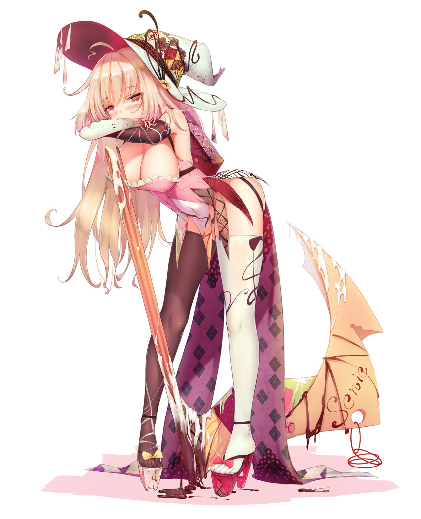 1girl ahoge artist_name bangs bent_over black_gloves black_legwear blonde_hair blush bow breasts chocolate cleavage clogs dk.senie elbow_gloves eyebrows eyebrows_visible_through_hair gloves hat heterochromia highres large_breasts long_hair looking_at_viewer messy_hair mismatched_gloves mismatched_legwear original pink_eyes red_bow scythe simple_background solo thigh-highs thighs toes white_background white_gloves white_legwear witch_hat yellow_bow yellow_eyes
