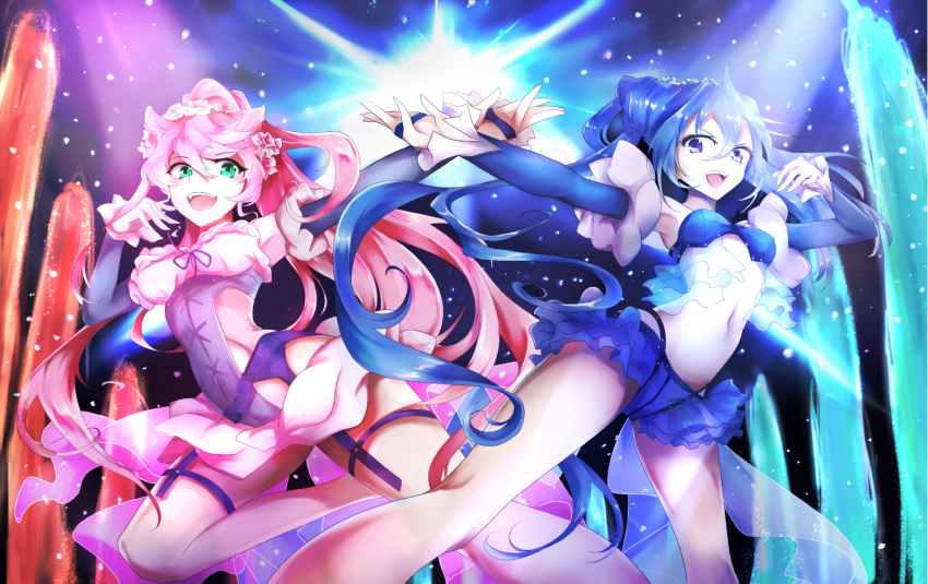 2girls alternate_hairstyle bare_shoulders beehive_hairdo blue_eyes blue_hair breasts detached_sleeves flower garter_belt garter_straps hair_flower hair_ornament hieno_hiro kazanari_tsubasa long_hair looking_at_another maria_cadenzavna_eve medium_breasts midriff multiple_girls navel open_mouth outstretched_arms pink_hair ponytail senki_zesshou_symphogear side_cutout small_breasts smile teeth thigh-highs very_long_hair violet_eyes