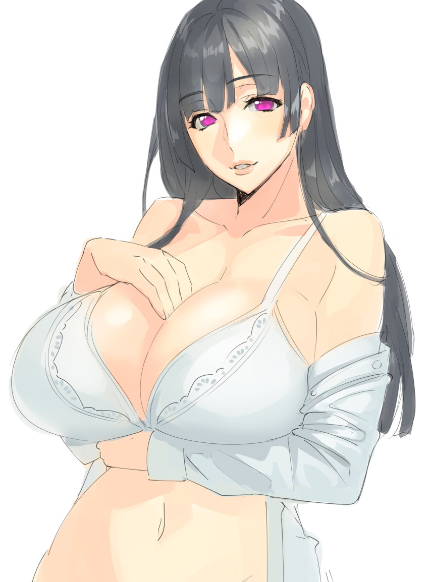 1girl black_hair bra breast_suppress breasts cleavage daglasses highres large_breasts lips long_hair looking_at_viewer navel off_shoulder parted_lips simple_background underwear violet_eyes white_background white_bra