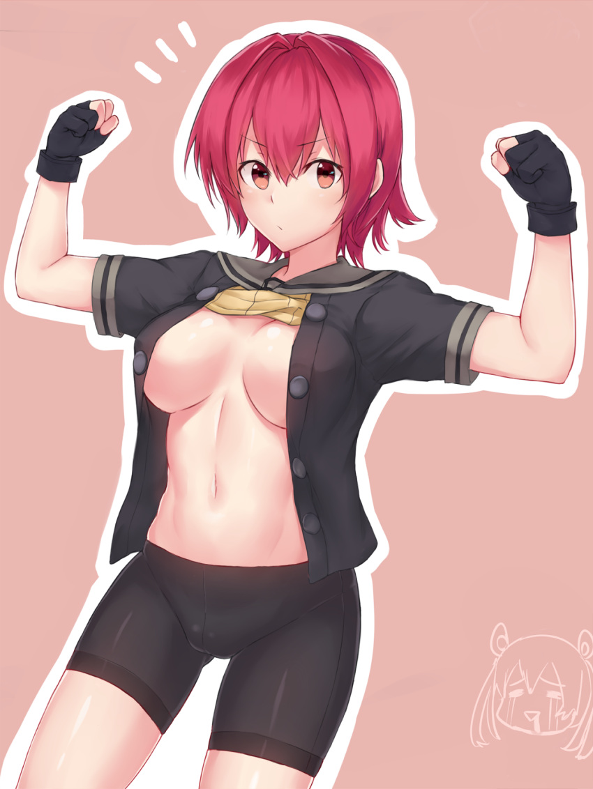 =_= abs abukuma_(kantai_collection) bike_shorts blush breast_envy breasts cleavage closed_eyes cold_(hoshinoskull) crying double_bun drooling gloves hair_rings highres kantai_collection kinu_(kantai_collection) looking_at_viewer multiple_girls open_mouth partly_fingerless_gloves red_eyes redhead saliva school_uniform serafuku short_hair solo_focus streaming_tears tears twintails