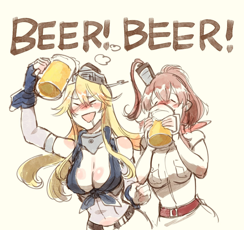 2girls :d alcohol auburn_hair bangs bare_shoulders beer beer_mug belt blonde_hair blush breasts cleavage closed_eyes commentary_request detached_sleeves dress drinking drooling drunk english eyebrows eyebrows_visible_through_hair front-tie_top gloves hair_between_eyes highres holding iowa_(kantai_collection) kantai_collection large_breasts long_hair multiple_girls navel nose_blush open_mouth pocket saratoga_(kantai_collection) short_sleeves smile takatsuki_nato text white_dress