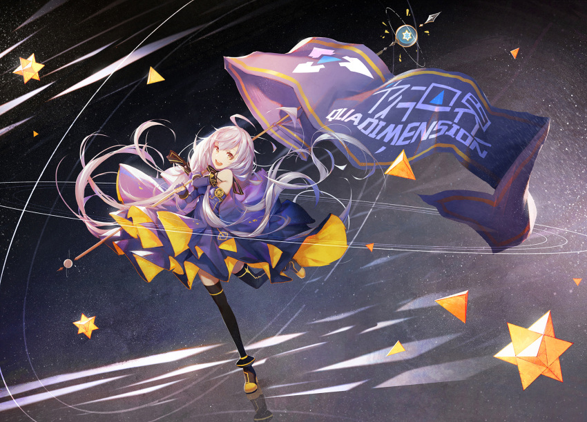 1girl ahoge black_legwear blush brown_eyes elbow_gloves eyebrows_visible_through_hair flag gloves highres holding_flag kieed looking_at_viewer open_mouth purple_gloves purple_hair small_stellated_dodecahedron smile solo thigh-highs twintails vocaloid xingchen
