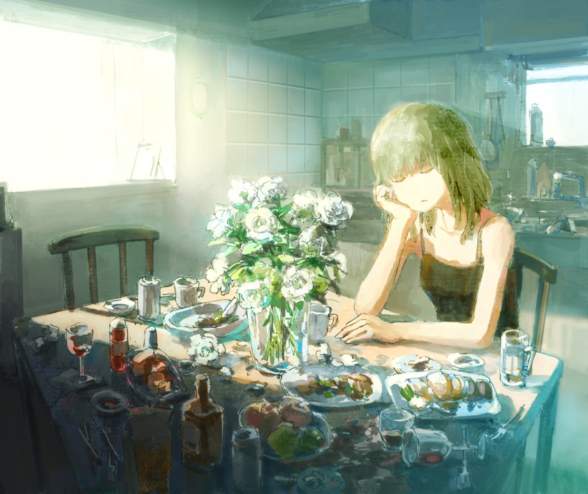 1girl alcohol apple beer beer_can beer_mug black_hair can chair closed_eyes coffee_mug commentary cup drinking_glass flower food fork fruit glass head_rest indoors kitchen messy millipen_(medium) nib_pen_(medium) original plate saucer scenery shadow sitting sketch sleeping sleeping_upright solo spill sunlight table tank_top texture tokunaga_akimasa traditional_media vase whiskey window wine wine_glass