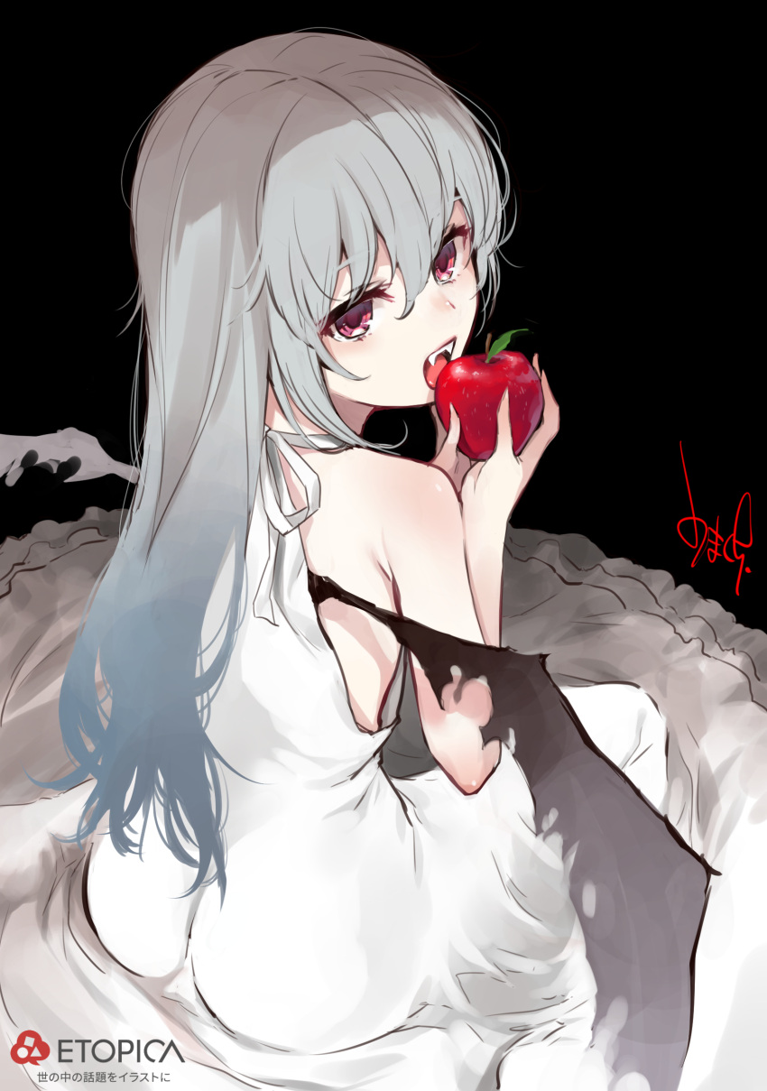 1girl absurdres apple ass bare_shoulders bat_wings commentary_request dress eyebrows eyebrows_visible_through_hair fangs food fruit grey_hair hair_between_eyes highres holding holding_fruit long_hair looking_at_viewer looking_back no_bra open_mouth original pink_eyes signature solo umakuchi_shouyu_(into-rain) vampire white_dress wings