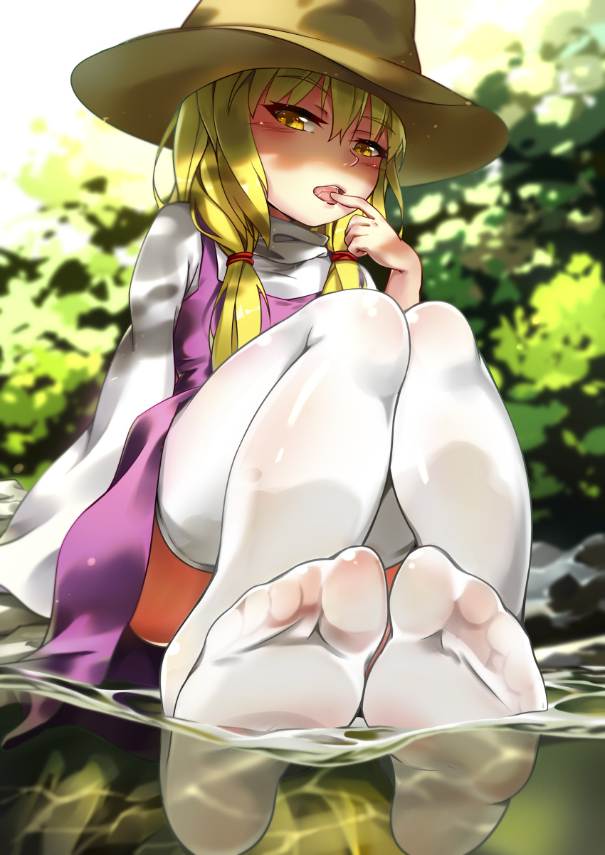 1girl absurdres blonde_hair blush chen_bin eyebrows eyebrows_visible_through_hair feet finger_licking hat highres licking looking_at_viewer moriya_suwako naughty_face no_shoes saliva see-through sitting soles solo thigh-highs toes touhou twintails water white_legwear yellow_eyes